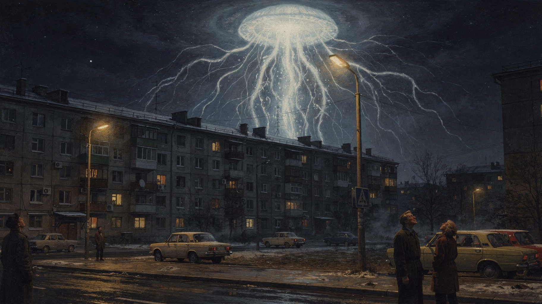 Светящаяся «космическая медуза» в ночном небе над советским городом